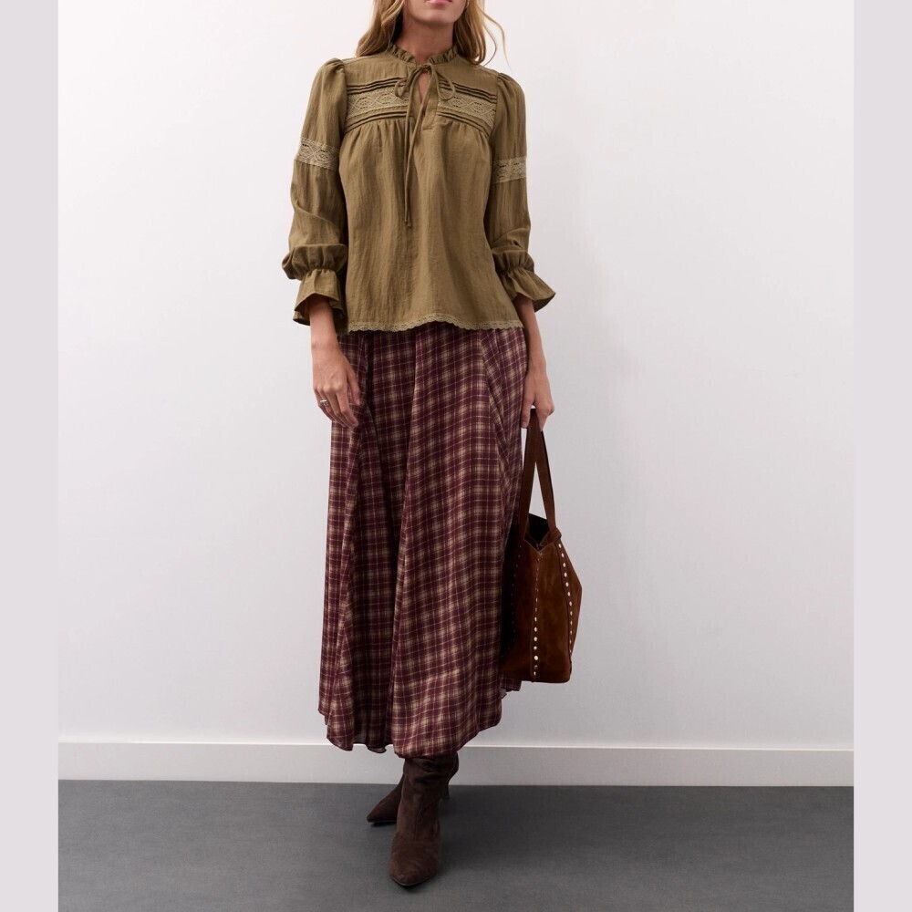 Olive Green Lace Trim Tie Neck Balloon Sleeve Peasant Blouse